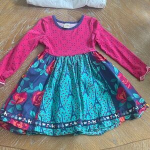 Wildflowers Pink & Teal Floral Eiffel Print Long Sleeve Twirl Dress